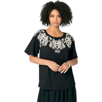 Roaman's Ruffle Printed Tunic in Black Ivory Paisley at Nordstrom, Size 28