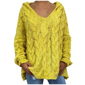 Generic V Neck Jumpers for Women UK, Plus Size Hooded Knitted Jumpers Oversized Hoodie Autumn Winter Warm Sweater Tops Casual Loose Pullover Cable Knit Tunic 