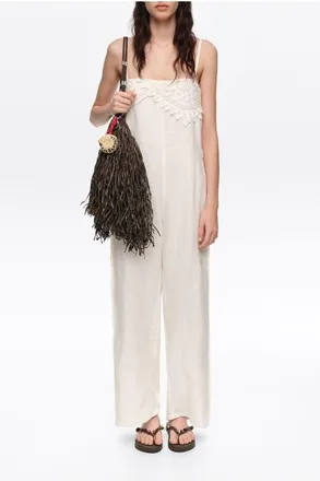Bimba & Lola Linen Crochet Neckline Jumpsuit in White at Nordstrom, Size Xx-Small