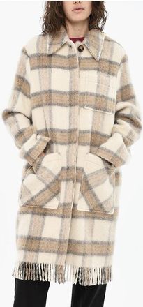 Woolrich Wool Blend Check Long Coat with Fringes size L