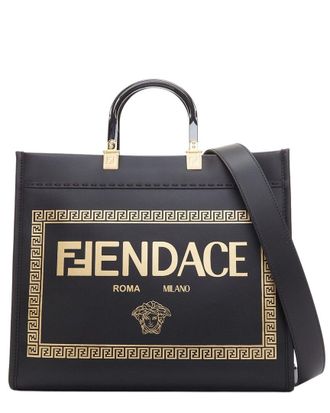Fendi Fendi Black Leather X Versace Fendace Sunshine Logo Print Shopper Tote (Authentic Pre-Loved)