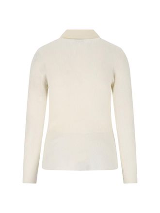 Moncler Ribbed-Knit Long-Sleeve Polo Top - White