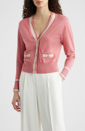 Elie Tahari The Kiva Metallic Stripe Cardigan in Dragon Fruit at Nordstrom, Size X-Large