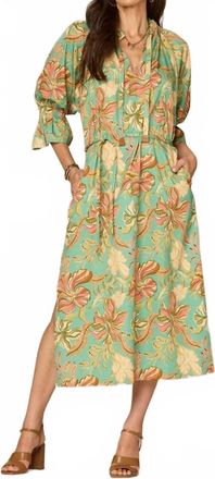 Democracy 3/4 Sleeve Ruched Neck Printed Dress In Sea Glass Multi