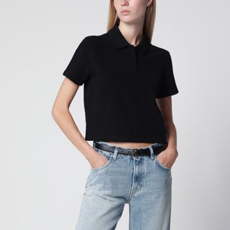 Saint Laurent Black cropped cotton piqu&eacute; polo shirt