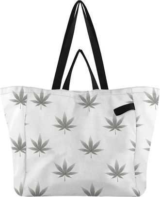 Generic Leaves White pattern Reusable Canvas Tote Bag, Heavy Duty Grocery Shopping Bag with Hard Bottom Double Handles Large Capacity Work Groceries Travel