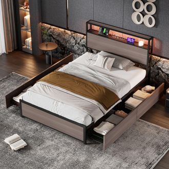 Matteo Metal Bed, 3FT Single Bed With LED Light Strip & 4 Drawerss in Black | Size: Single Fitted