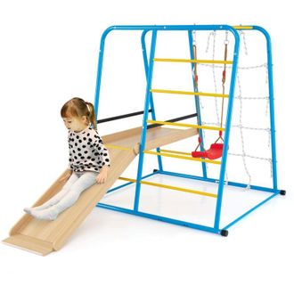 Costway 6 in 1 Set da Arrampicata per Bambini, Set Giocattoli di Metallo con Scivolo Altalena Sbarre Scala da Arrampicata e Parete di Corda, Parco