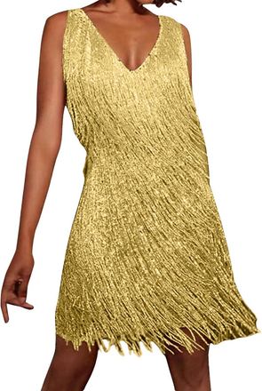 Generic Glitter Dress Womens Tina Turner Fringe Dress Ochre/Gold Disco Outfit 70s Fringe Dress 20s Charleston Mini Dress Sequin Dresses for Women Spaghetti St