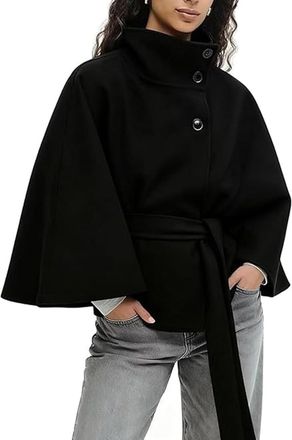 Generic Women Batwing Sleeve Ponchos Pea Coat Wool Stand Collar Belt Capes Jacket Trendy Stand Collar Belted Cloak Cape Wool Coats (4,S)