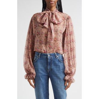 Dolce & Gabbana Floral Bouquets Silk Chiffon Tie Neck Shirt in Mazzolini Fiori Fros at Nordstrom, Size 10 Us