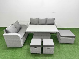 Fimous 8 Seater PE Rattan Wicker Garden Furniture Patio Conservatory Sofa Set w/ Adjustable Lifting Dining or Coffee Table 3 Seater Sofa Love Sofa 3