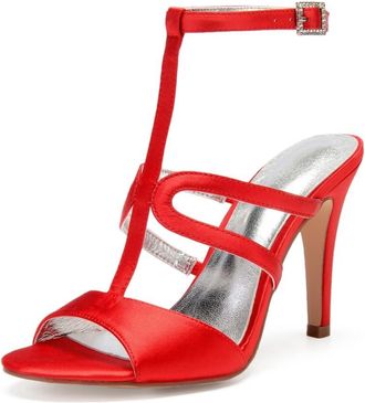 Generic Wedding Bridal Shoes Womens Stiletto Heels Sandals Sexy Open Toe Bridal Satin Wedding Party Dressy Heels Shoes 10.5Cm,red,7 UK