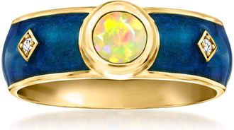 Ross-Simons Opal and Blue Enamel Ring With Diamonds in 18kt Gold Over Sterling