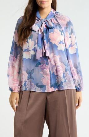 Tahari by ASL Printed Ruffle Top in Blue Petal Floral at Nordstrom, Size 2 X