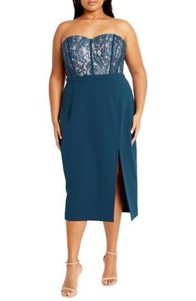 City Chic Perfect Date Mixed Media Strapless Dress in Emerald at Nordstrom Rack, Size S/16W