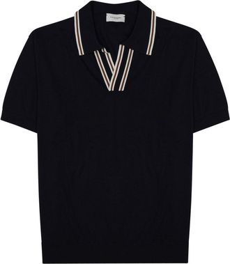 Paolo Pecora Navy Silk-Cotton Polo Shirt With Striped Accents