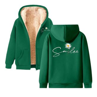 Generic Womens Fleece Sunflower Jacket Vintage Plush Lined Smile Printed Hoodies Full Zip Basic Oversized Jackets Long Sleeve Cosy Y2K Ladies Cardigan(Dark Gr