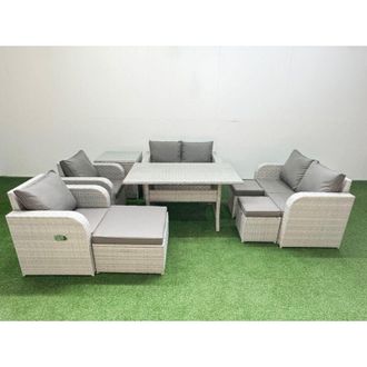 Fimous 9 Seater Outdoor Reclining Chair Love Sofa Set Rattan Garden Furniture Set with Rectangular Dining Table 3 Stools Side Table Light Grey - Fimous