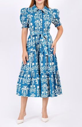 Leota Octavia Puff Sleeve Shirt Dress in Palm Fields Mykonos Blue at Nordstrom, Size Xx-Large