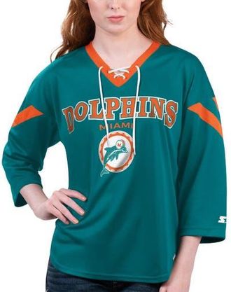 Starter Womens Starter Aqua Miami Dolphins Rally Lace-Up 3/4 Sleeve T-Shirt at Nordstrom, Size Xx-Large