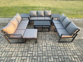 Fimous Aluminium Outdoor Garden Furniture Set Lounge Sofa Oblong Coffee Table 3 Footstools 2 Side Tables Sets with Cushions Dark Grey