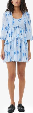 Ganni Blue Pleated Georgette Flounce Smock Mini Dress - Size 32