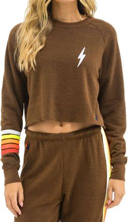 Aviator Nation Bolt Rugby Stitch Cropped Crew Sweatshirt In Chocolate/white Neon