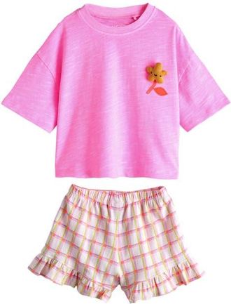 Next Kids Plush Flower Appliqu&eacute; T-Shirt & Check Shorts Set in Pink at Nordstrom, Size 1.5-2Y