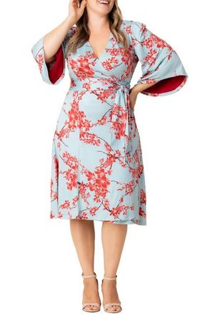 Kiyonna Gemini Floral Bell Sleeve Wrap Dress in Cherry Blossom Print at Nordstrom, Size 5X