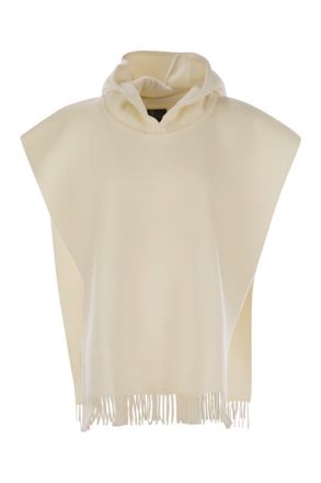 Brunello Cucinelli Dubbel Gebreide Wol- en Kasjmier Poncho Met Capuchon en Franje