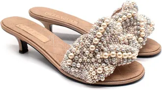 Chanel Beige Faux Pearl Embellished Leather Mules Size 38