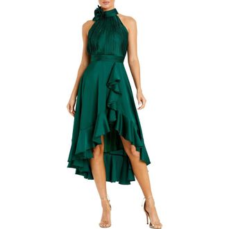 Mac Duggal Halter Neck Flower Detail Ruffled Midi Dress in Emerald at Nordstrom, Size 16