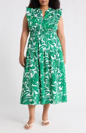 Sugarlips Masey Tropical Print Ruffle Midi Dress in White-Greens at Nordstrom, Size 1X