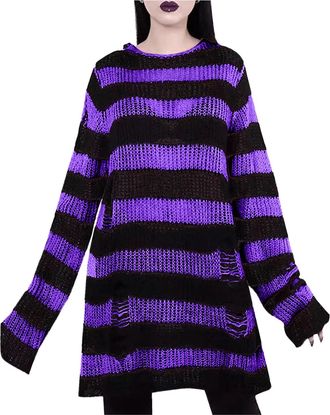 Generic Gothic Knitted Jumper Oversized Pullover Womens Loose Fitting Knit Sweatshirt Long Sleeve Wide Stripes Printing Ripped Crewneck Sweatshirts Y2K Sweate