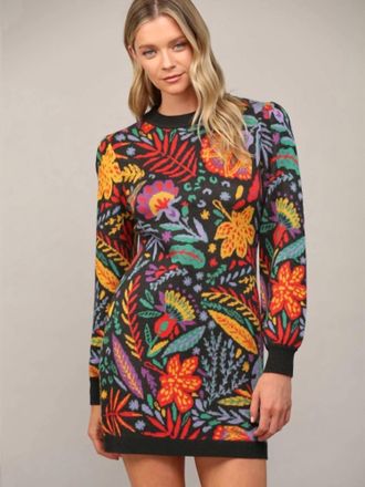 Fate Garden Jacquard Floral Sweater Mini Dress In Black Multi