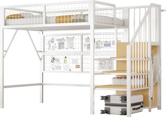 STILVORA Cama Alta Individual Con Escalera De Almacenaje, Armario Abierto Y Led, 90 &times; 200 Cm, Sin Colch&oacute;n