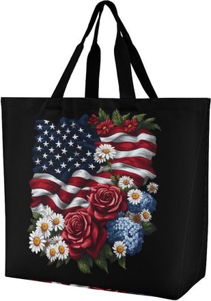 Generic Rose Daisy Flower U.S. Flag Large Reusable Shopping Bag Lightweight Foldable Tote Bags Washable Shoulder Handbag
