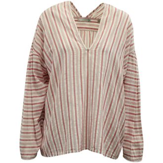 Vince Drop Shoulder Long Sleeve Striped Blouse in Red/White Cotton