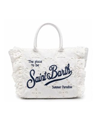 MC2 Saint Barth Ruffled Sangallo Cotton Tote Bag with Embroidered Accents