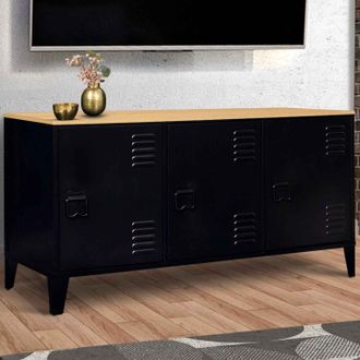 IDMarket Ester C&oacute;moda Baja De 3 Puertas De Metal Negro Con Tapa De Madera De Dise&ntilde;o Industrial 113 Cm