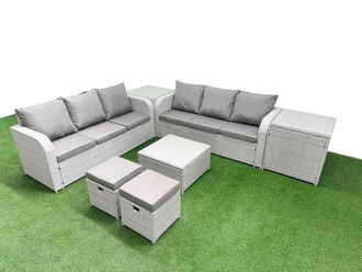 Fimous Outdoor Garden Furniture Sets 8 Seater Wicker Rattan Furniture Sofa Sets w/ Square Coffee Table high Back Lounge Sofa Stools 2 Side Table