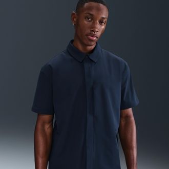 Nike Mens 24.7 PerfectStretch Dri-FIT Short-Sleeve Snap-Down Top in Blue | HQ6958-451