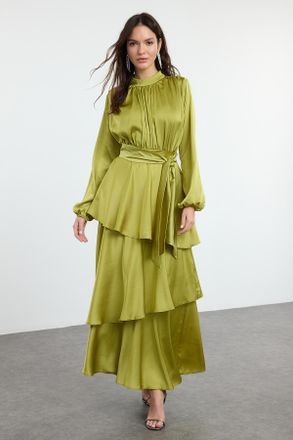 Trendyol Modest Dames Groen Effen Maxi Lang Stijlvol/Avond Skater Modest Avond Jurken