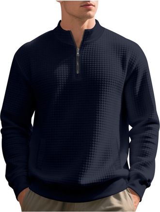 Generic Mens Waffle Knit Sweatshirts Classic Half Zip Jumpers Gentleman Long Sleeve Stand Collar Jumper Casual Loose Fit Hoodless Sweatshirt with Pockets Fash