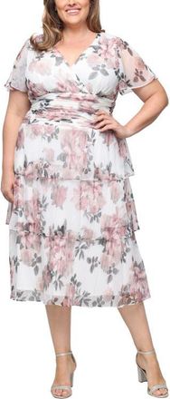 S.L. Fashions Floral Print Tiered Bodre Midi Dress in Ivory Mult at Nordstrom, Size 20W
