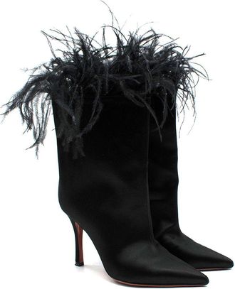 Amina Muaddi Black Satin Boots with Feather Detailing Size 35