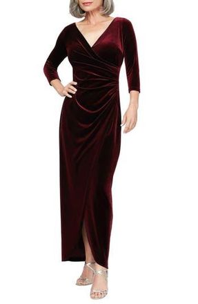 Alex Evenings Ruched Three-Quarter Sleeve Velvet Gown in Wine at Nordstrom Rack, Size 10