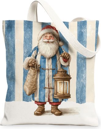 Generic Striped Canvas Tote Bags, Vintage Santa Design Lightweight Reusable Shopping Bags, Fun Festive Eco-Friendly Shoulder Strap, Blue, 13x15 Inch