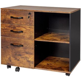 Relaxdays Relaxdays Mobile Filing Cabinet, 3 Drawers, 2 Shelves, 66 x 80 x 40 cm, 4 Wheels, Lockable, Office Storage, Brown/Black